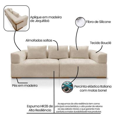 Sofá 4 Lugares 2,80m Em Tecido Bouclé Com Aplique Em Madeira – Scott Lucadi Bege
