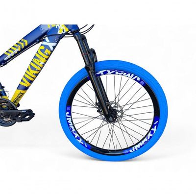 Bicicleta Aro 26 Vikingx Tuff Freio Hidráulico 21v Freeride Rodas Vmaxx Suspensão Pneu Flame Azul-amarelo X25