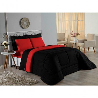 Kit Edredom Dupla Face + Jogo De Lençol Solteiro Nobre 4 Peças Malha 100% Algodão - Preto / Vermelho