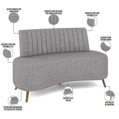 Sofá Chaise Living 2 Lugares 135cm Para Sala Cayman K01 Linho Cinza
