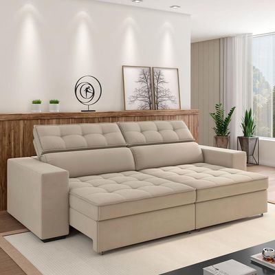 Sofá Retrátil Reclinável Para Sala De Estar Living 290cm Clara M03 Veludo Bege
