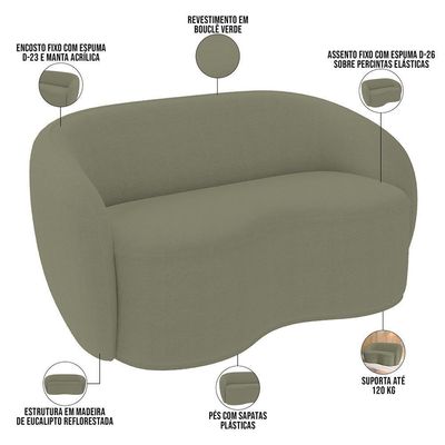 Sofá 3 Lugares 180cm Sala De Estar Living Oscar K01 Bouclê Verde