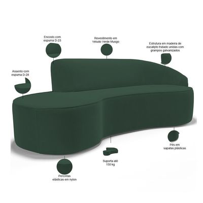 Sofá 4 Lugares Curvo Living Firenze Direito D02 Veludo Verde Musgo 280cm C-303 - Lyam