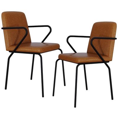 Kit 02 Cadeiras Estofada Para Sala De Jantar Com Braço Loft Preto C01 Courino Caramelo - Lyam Decor