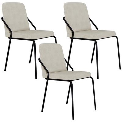 Kit 03 Cadeiras Estofada Para Sala De Jantar Loft Preto C01 Bouclê Vanilla - Lyam Decor
