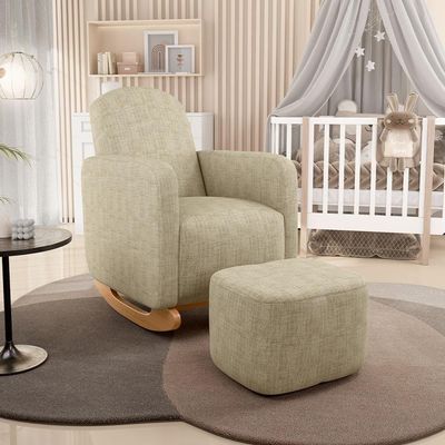 Poltrona De Amamentação Com Balanço E Puff Orgânico Saori W01 Linho Bege - Lyam Decor