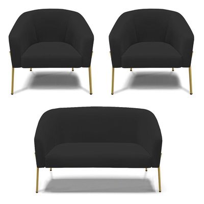 Sofá Namoradeira E 2 Poltronas Pé De Ferro Dourado Stella Veludo D03 - D'rossi Cor Preto