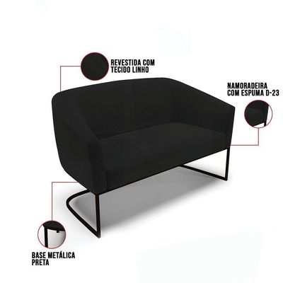 Sofá Namoradeira 2 Lugares Base Industrial Preto Stella Linho D03 - D'rossi Cor A79 Preto