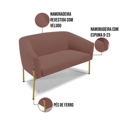 Sofá Namoradeira E 2 Poltronas Pé De Ferro Dourado Stella Veludo D03 - D'rossi Cor Rose