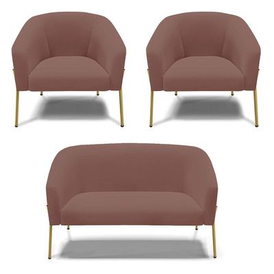 Sofá Namoradeira E 2 Poltronas Pé De Ferro Dourado Stella Veludo D03 - D'rossi Cor Rose