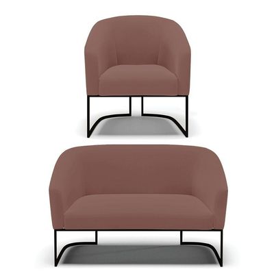 Sofá Namoradeira E Poltrona Base Industrial Preto Stella Veludo D03 - D'rossi Cor Rose