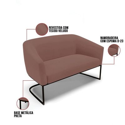 Sofá Namoradeira E Poltrona Base Industrial Preto Stella Veludo D03 - D'rossi Cor Rose