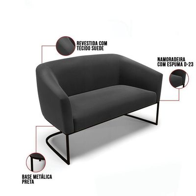 Sofá Namoradeira 2 Lugares Base Industrial Preto Stella Suede D03 - D'rossi Cor Preto