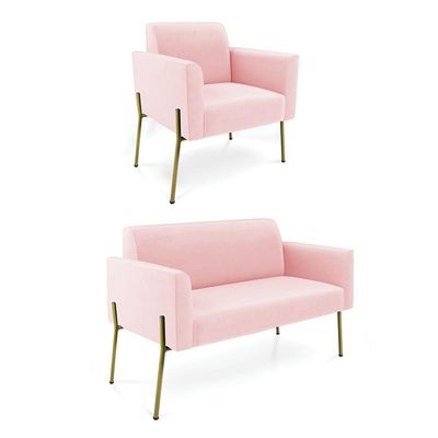 Sofá Namoradeira E Poltrona Pé De Ferro Dourado Marisa Suede D03 - D'rossi Cor Rosa Bebê