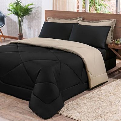 Kit Edredom + Jogo De Lençol Aconchego Look House Casal Padrão 6 Peças 80% Algodão , 20% Poliéster- Preto/ Caqui