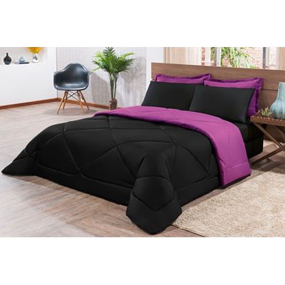 Kit Edredom + Jogo De Lençol Aconchego Look House Casal Padrão 6 Peças 80% Algodão , 20% Poliéster- Preto/ Roxo