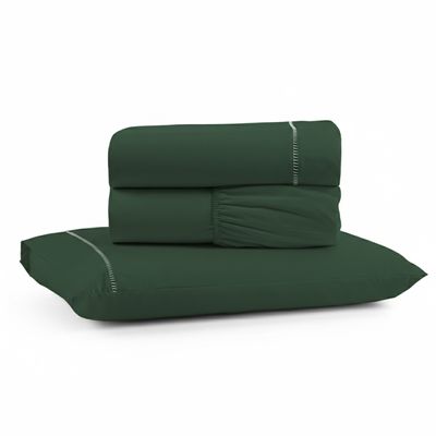 Jogo de Lençol Solteiro Premium Soft 600 Fios Micropercal Verde Escuro Ponto Palito Toque Macio 3 Peças