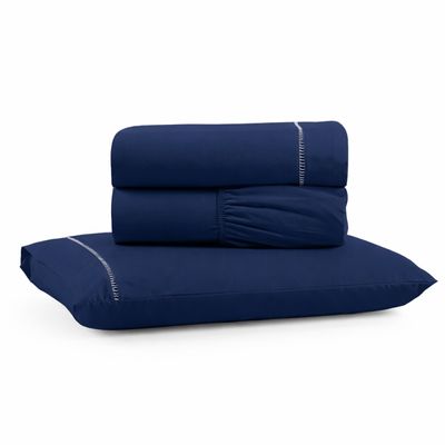 Jogo de Lençol Solteiro Premium Soft 600 Fios Micropercal Azul Marinho Ponto Palito Toque Macio 3 Peças