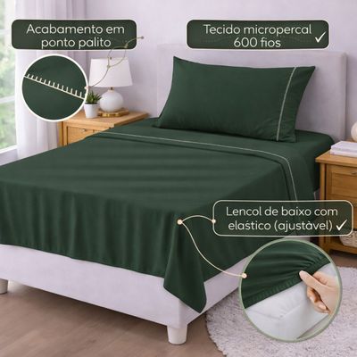 Jogo de Lençol Solteiro Premium Soft 600 Fios Micropercal Verde Escuro Ponto Palito Toque Macio 3 Peças