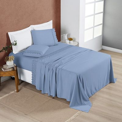 Jogo Cama Lençol Bouclê Queen Micro Percal 200 Fios c/ Laise Bordada 4 Peças - Azul Ice Blue