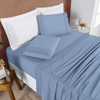 Jogo Cama Lençol Bouclê Queen Micro Percal 200 Fios c/ Laise Bordada 4 Peças - Azul Ice Blue