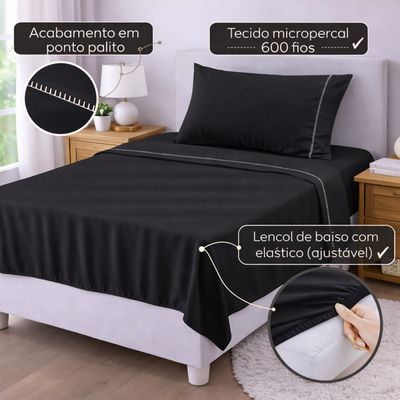 Jogo de Lençol Solteiro Premium Soft 600 Fios Micropercal Preto Ponto Palito Toque Macio 3 Peças