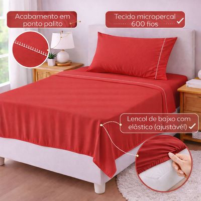 Jogo de Lençol Solteiro Premium Soft 600 Fios Micropercal Vermelho Ponto Palito Toque Macio 3 Peças