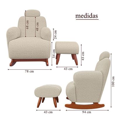 Poltrona De Balanço Orgânica Super Premium Aurora Com Puff Tecido Chenille Bege Fendi