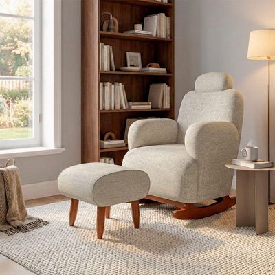 Poltrona De Balanço Orgânica Super Premium Aurora Com Puff Tecido Chenille Bege Fendi