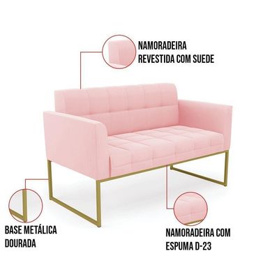 Kit 1 Sofá Namoradeira E 2 Poltronas Elisa Suede Rosa Bebê Base Metálica Industrial Dourada D'rossi