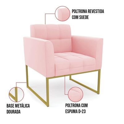 Kit 1 Sofá Namoradeira E 2 Poltronas Elisa Suede Rosa Bebê Base Metálica Industrial Dourada D'rossi