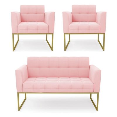 Kit 1 Sofá Namoradeira E 2 Poltronas Elisa Suede Rosa Bebê Base Metálica Industrial Dourada D'rossi