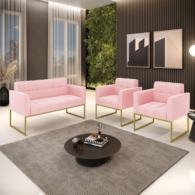 Kit 1 Sofá Namoradeira E 2 Poltronas Elisa Suede Rosa Bebê Base Metálica Industrial Dourada D'rossi