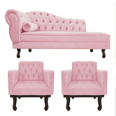 Kit Diva Recamier Diana 140Cm Lado Direito E 02 Poltronas Classic Suede Rosa Bebê