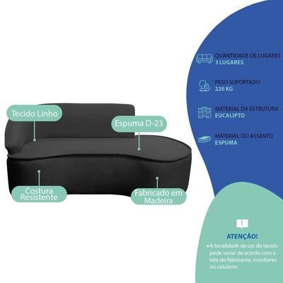 Divã Recamier Curvo Sala De Estar Recepção Marrocos 180cm Lado Direito Linho Preto