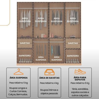Guarda Roupa Casal Alpes Mdf 8 Portas E 4 Gavetas Moderna Naturalle