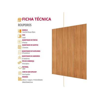 Guarda Roupa Casal Alpes Mdf 8 Portas E 4 Gavetas Moderna Naturalle