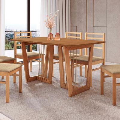 Conjunto Sala De Jantar Elisa Em Madeira Maciça 6 Cadeiras Boucle Bege