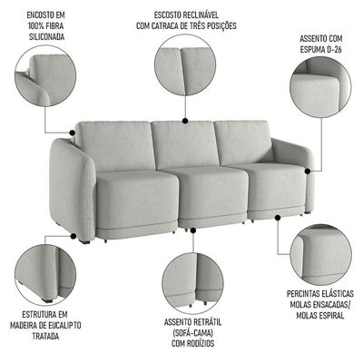 Sofá Cama Casal Para Sala 246cm Polska K04 Linho Cinza - Mpozenato