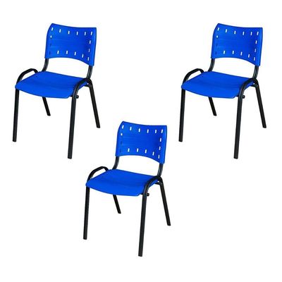 Kit 3 Cadeira Iso Tubo Oblongo Aço Industrial Empilhavel Azul