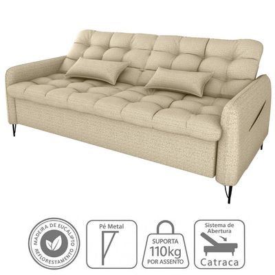 Sofa Cama 2 Lugares 200cm Pillar Linho Vancouver E488 Milani Store Palha