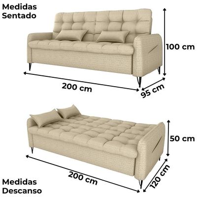 Sofa Cama 2 Lugares 200cm Pillar Linho Vancouver E488 Milani Store Palha