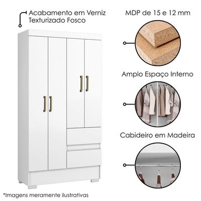 Guarda Roupa Solteiro Coimbra 4 Portas 100 Cm Branco Armoveis