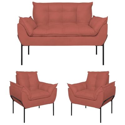 Kit 02 Poltronas + Namoradeira Reforçada Opala Metal Preto Rosa