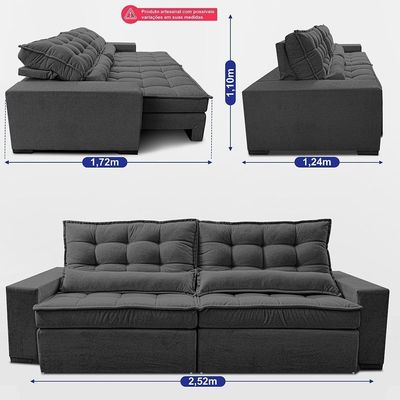 Sofá Retrátil E Reclinável 2,52m Molas Ensacadas Belle. Boucle Cama Inbox Cinza Escuro