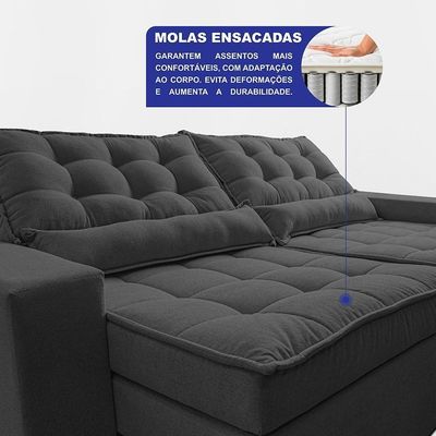 Sofá Retrátil E Reclinável 2,52m Molas Ensacadas Belle. Boucle Cama Inbox Cinza Escuro