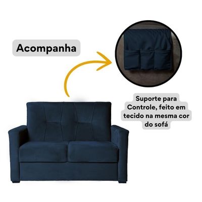 Sofá Pequeno 2 Lugares 1,35 Porta Controle No Braço Alice Azul Marinho