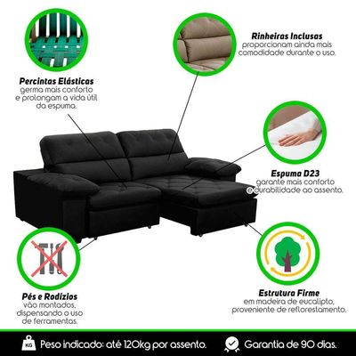Sofa Retratil Reclinavel 2 Lugares 2,50m Crystal Veludo Preto Lansofbr