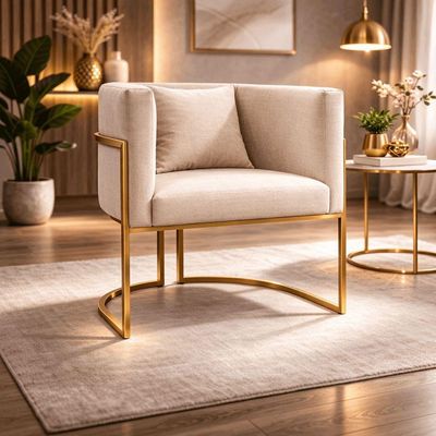 Poltrona Moderna Sala Base Dourada Design Luxo Luna Suede Bege