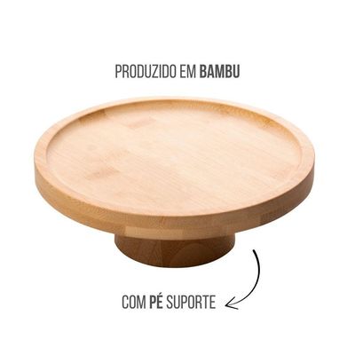 Boleira De Bambu Prato Porta Bolo Com Pé Suporte 18x7cm Lyor